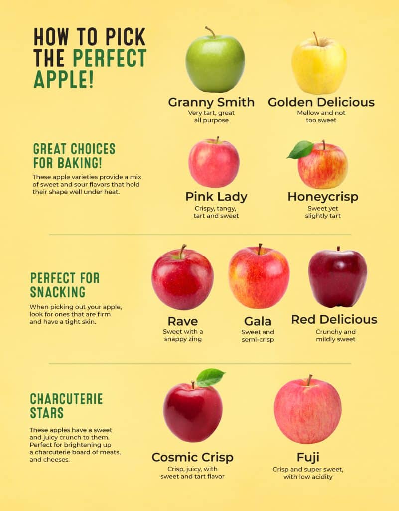 Guide showing apple varieties for baking, snacking, and charcuterie in Ann Arbor, MI
