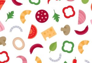 Illustration of assorted pizza toppings such as mushrooms, peppers, onions, and cheese in Ann Arbor